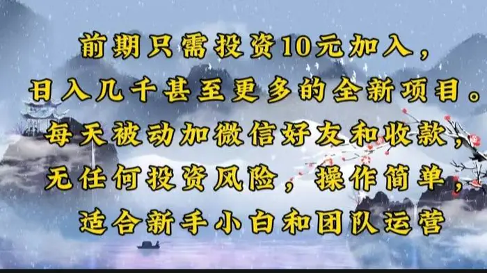 （14047期）前期只需投资10元加入，日入几千甚至更多的全新项目。每天被动加微信好…-副业库